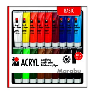 Marabu Acrylfarben 18er-Sortierung BASIC, 18 x 36 ml Tuben